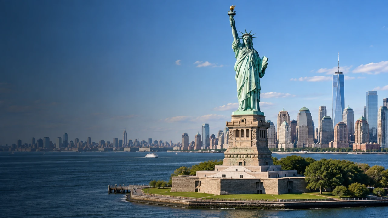 Özgürlük Heykeli, New York Limanı ve Manhattan silüeti