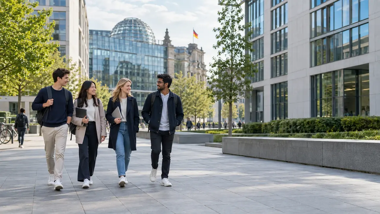 Berlin'de modern araştırma kampüsünde yürüyen öğrenciler