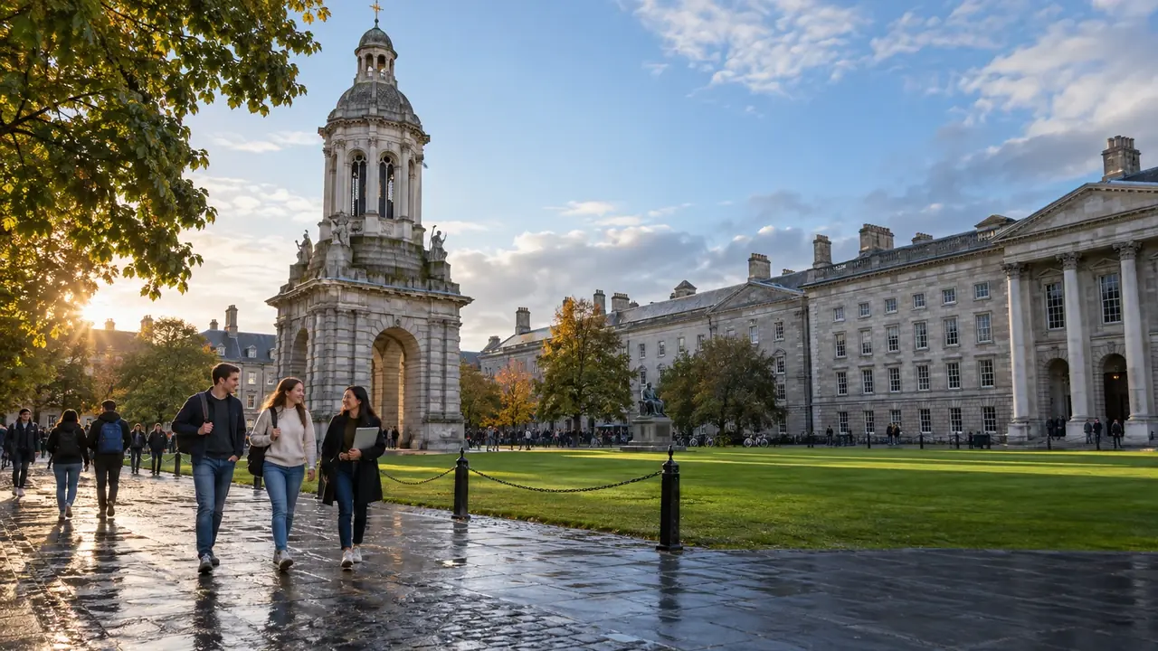 Dublin'de tarihi üniversite kampüsünde yürüyen öğrenciler