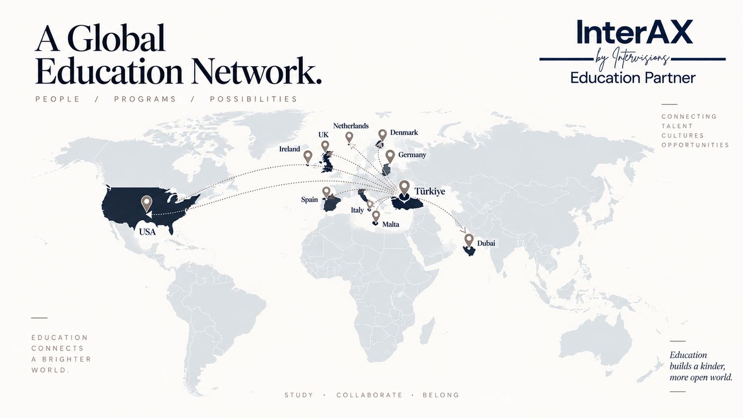InterAX global educational network map: United States, UK, Ireland, Netherlands, Denmark, Germany, Spain, Italy, Malta and Dubai